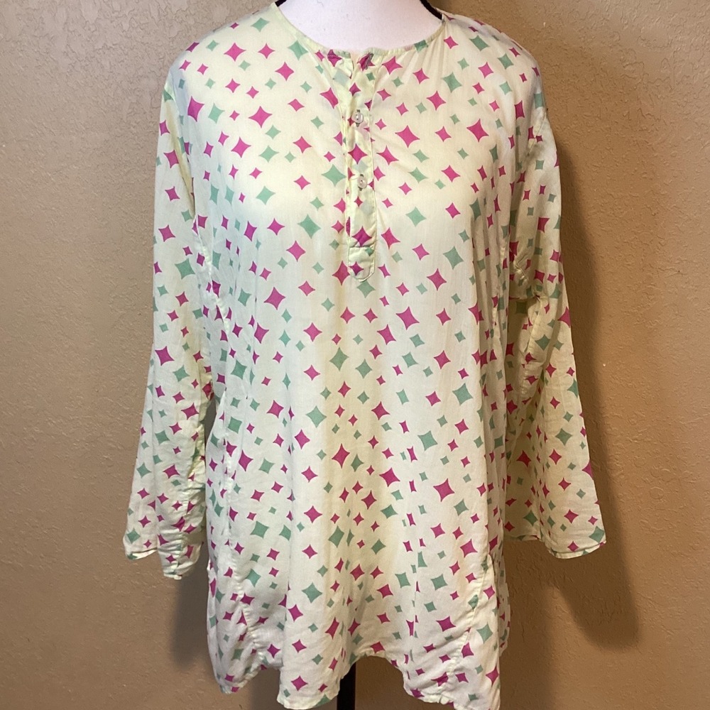 Malatesta New York Yellow Tunic, Yellow with‎ Green/Pink, SZ Medium, 100% Cotton